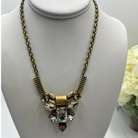 J.Crew Chunky Gold-tone Rhinestone Jeweled Statement Necklace Multicolor - Picture 1 of 9